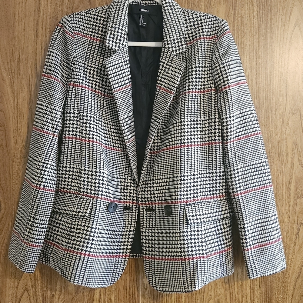 Forever 21 Checkered Plaid Blazer with Red Accents Size S Y2K